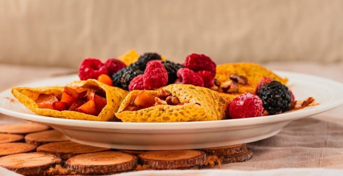 A low carb plate of crepes with berries.